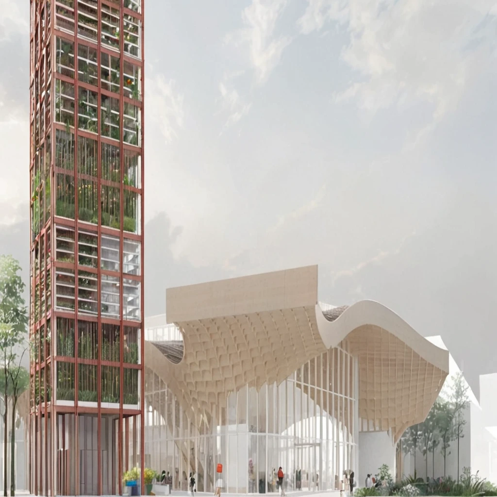 ew of a building and a tower, building is a flower market with wooden roof, roof is parametric and curved, tower is for urban agriculture and has visible steucture with plants crawing on it, lush vegetation, at sundown, anime sketch, pencil sketch, architecture drawing