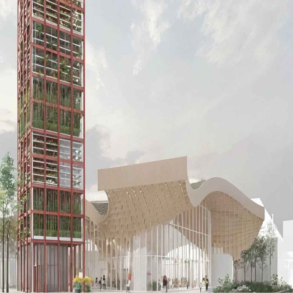 ew of a building and a tower, building is a flower market with wooden roof, roof is parametric and curved, tower is for urban agriculture and has visible steucture with plants crawing on it, lush vegetation, at sundown, anime sketch, pencil sketch, architecture drawing