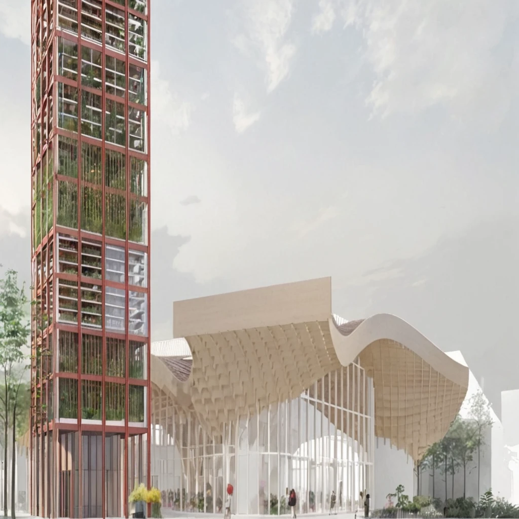 ew of a building and a tower, building is a flower market with wooden roof, roof is parametric and curved, tower is for urban agriculture and has visible steucture with plants crawing on it, lush vegetation, at sundown, anime sketch, pencil sketch, architecture drawing