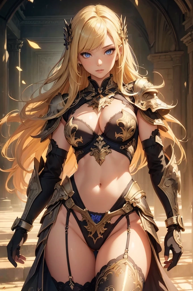 ((1girl, solo)), beautiful body, (perfect ???????, perfect body, perfect hands, perfect legs), natural proportions, ???? body, ?????????????, ((full body, full body front)) BREAK

((extremely detailed face)), (beautiful detailed eyes:1.6), (realistic pupils, realistic iris:1), expressive eyes, looking at viewer, (clear eyes:1.3), (hyperrealistic:1.2), (detailed skin texture:1.2), smooth skin, (blonde hair:1.5), ((blue eyes)), ((little smile)),  (detailed lips:1.2), (attractive lips:1.1), (glossy lips:1.1), (parted lips), perfect face, perfect eyes BREAK

(black panties), string panties, (????? armor), ?????? armor BREAK

(masterpiece:1.5), anime-style, top quality, best quality, (beautiful and aesthetic:1.2), (ultra detail:1.5), Ultra-detailed depiction, Ultra-precise depiction, extremely detailed 8k illustration, high resolution, (highly detailed shading:1.2), (realistic lighting:1.4), perfect lighting, vibrant colors, dynamic tones, striking hues, 8k, absurd resolution, perfect shadows, hdr, UHD, ambient lighting, realistic, ultra-realistic, photo realistic, highly detailed, rich detail, luminous colors, fine texture, intricate design, professional illustration, (soft light:1.2), (illustration:0.7)