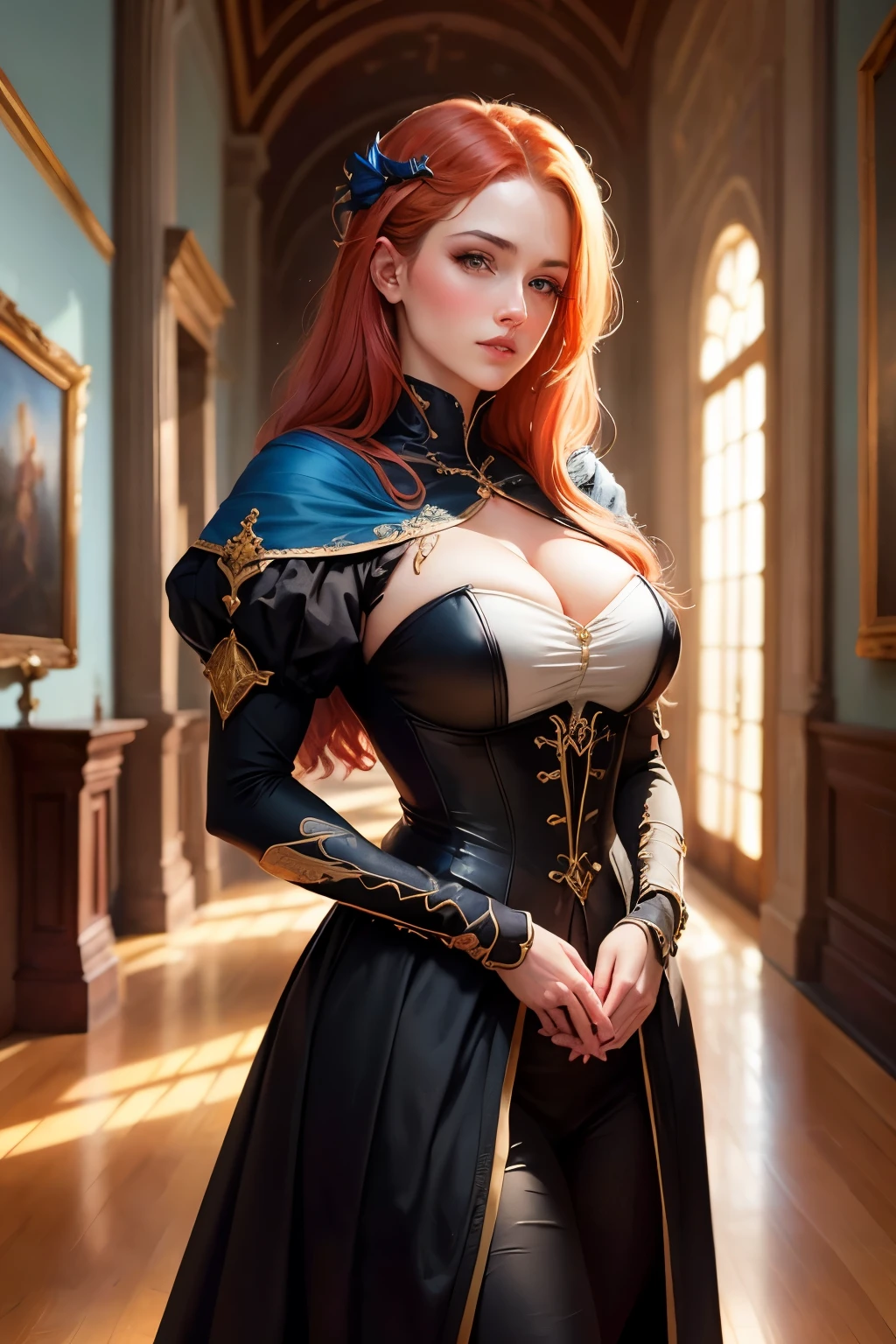 ((best qualityer)), ((work of art)), (detailded), 4K, 1 sorceress in shiny black clothes, light red hair, fantasy genre portrait, fantasy character photo, Retrato Mediovale, como um personagem de fantasia Mediovale, maiden , Lady ,Estilo Mediovale, dressed in yellow medieval clothes, fantasy character portrait, in renaissance style, in a high renaissance style, covered bust, linda maiden fantasia , Mediovale, jogo de fantasia Mediovale, european woman,(deep environment) in the background a hall of a royal palace , clear lighting, detailed shadows