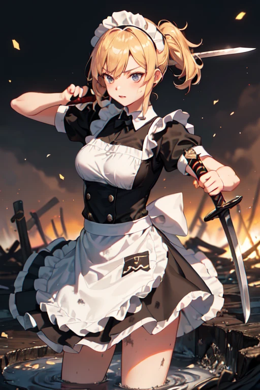 (((Highest quality))), ((masterpiece)), (((detailed))), (((Attention to detail))), One girl, cute, Blonde, Blonde碧眼, Small breasts, ((Black maid outfit, White apron, Headband, The skirt is long)), (((A girl in a maid outfit is fighting with a large sword in her hand))), Has a big sword, ((Western design sword)), (((The sword is held by a stick.))), ((燃えているbattlefield1.6)), wasteland, fierce fighting, Fierce Battle, Intense Battle, A Close Battle, battlefield, sparks, Enemy, Tsuba competition, Slashing, (((Soot and mud, 服やエプロンがdirty, dirty, 全身がdirty, Tattered1.6))), (((Soot and mud, メイド服がdirty1.6, エプロンがdirty1.6, 服がTattered, ))), ((Clothes covered in soot 1.6, Muddy 1.6, Covered in charcoal, )), ((スカートがTatteredに裂けている1.6)), ((エプロンがTatteredに裂けている1.6, Torn 1.6)), dirty, Tattered, 