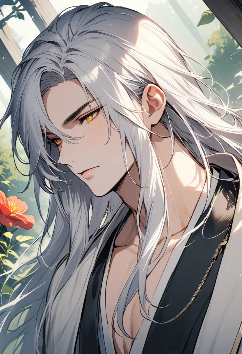 (Absurd, High resolution, Super detailed), 1 male, Adult, good looking, Tall and muscular man, Broad shoulders, Detailed drawn eyes, Very long hair, Miyabi、Silver Hair, Flowers, diamond, jewelry, garden, forest, Portraiture, (Dutch Angle), Mouth closed