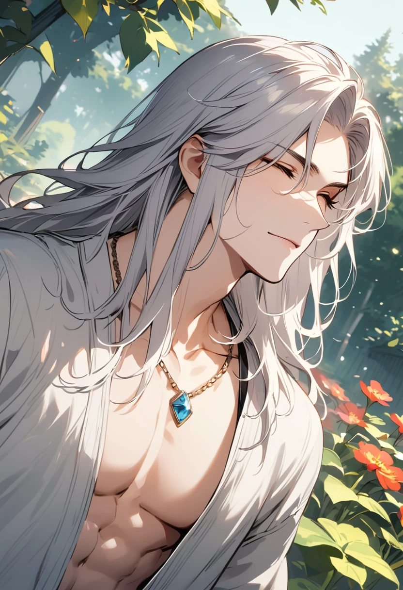 (Absurd, High resolution, Super detailed), 1 male, Adult, good looking, Tall and muscular man, Broad shoulders, Detailed drawn eyes, Very long hair, Miyabi、Silver Hair, Flowers, diamond, jewelry, garden, forest, Portraiture, (Dutch Angle), Mouth closed