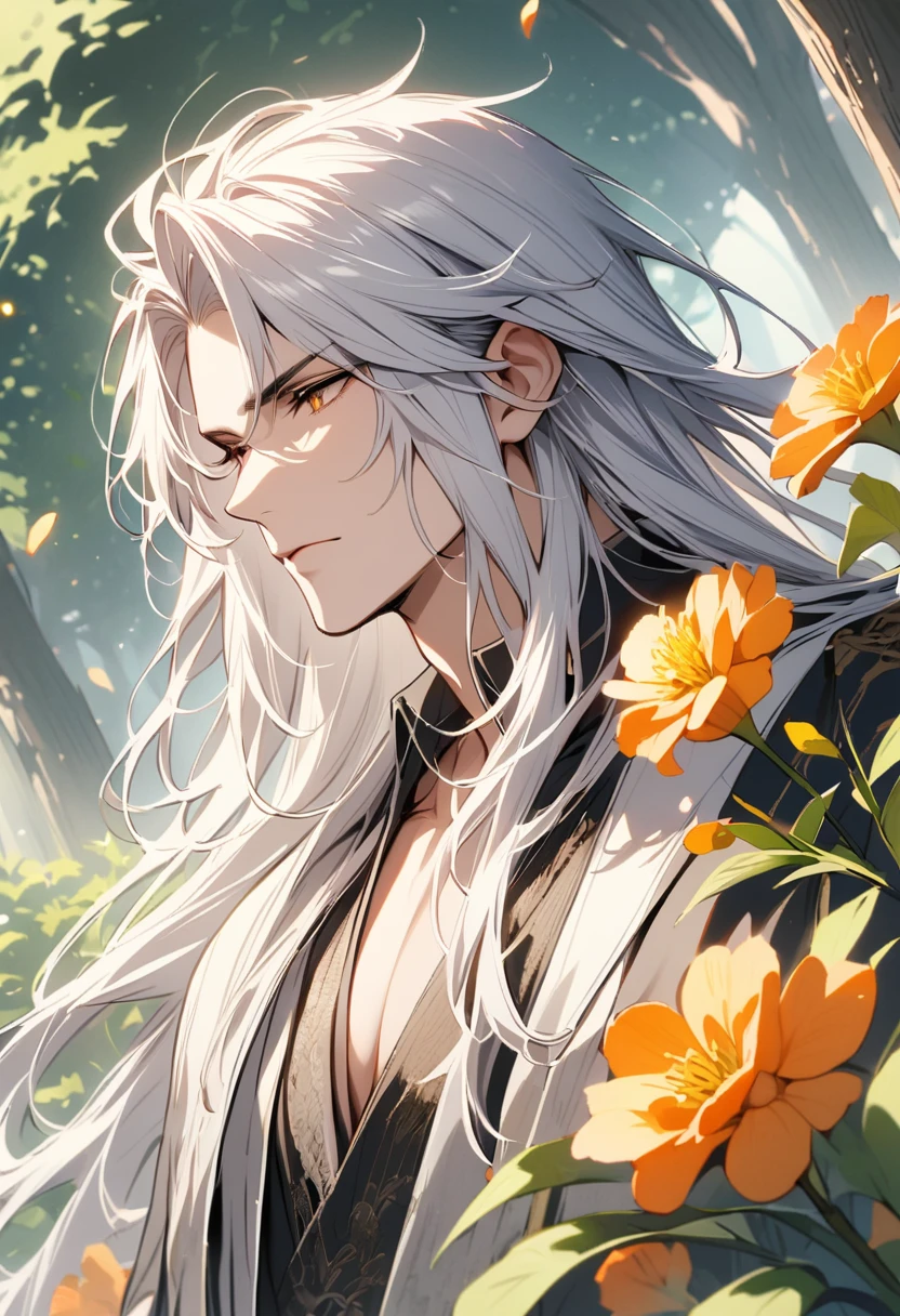 (Absurd, High resolution, Super detailed), 1 male, Adult, good looking, Tall and muscular man, Broad shoulders, Detailed drawn eyes, Very long hair, Miyabi、Silver Hair, Flowers, diamond, jewelry, garden, forest, Portraiture, (Dutch Angle), Mouth closed