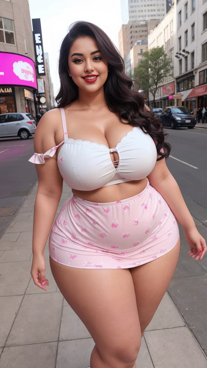 A woman taking a photo wearing a bikini and white pants, thick body, She has a plump, round belly, plump body, Attractive feminine curves, curved body, wide hips, curved hourglass illustration, sensual figure, curve and bow, thin waist and thick hips, Curvaceous, curvy model, beautiful thick woman