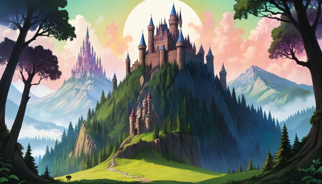 An ominous looking forested hill surrounded by aura of death with a castle on top, Masterpiece, The best quality, super detailed, Highly detailed