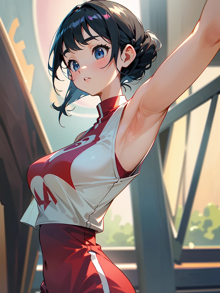 Woman in her 20s、sports、Red bra top、ponytail、smile、Bob hairstyle、Shortcuts、A pleasant looking face、Background white、No background