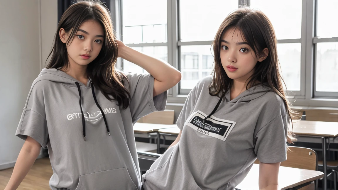 deux femmes ensemble de 18 ans sexy et mince , gray short sleeve hoodie , salle de classe, se touche,position sey,sensuel