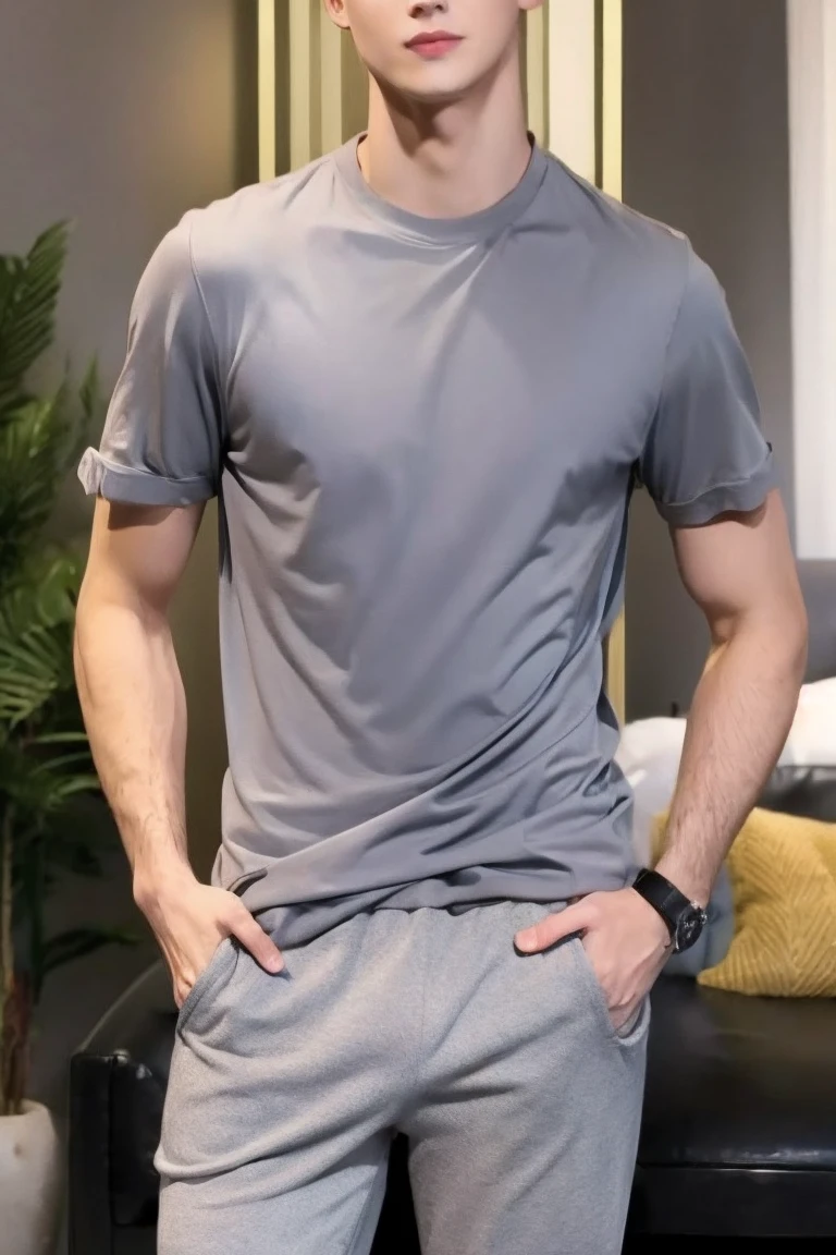 handsome blonde guy 18 yo, wear tight gray shirt, bulge pants