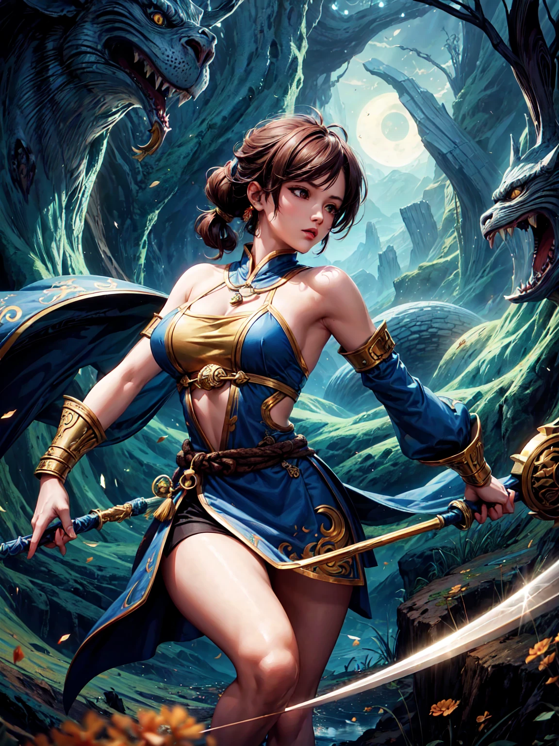 (Highest quality), Detailed Background, Oriental nobility,Warrior Girl,Martial Arts,has a halberd,They are, Monster Army