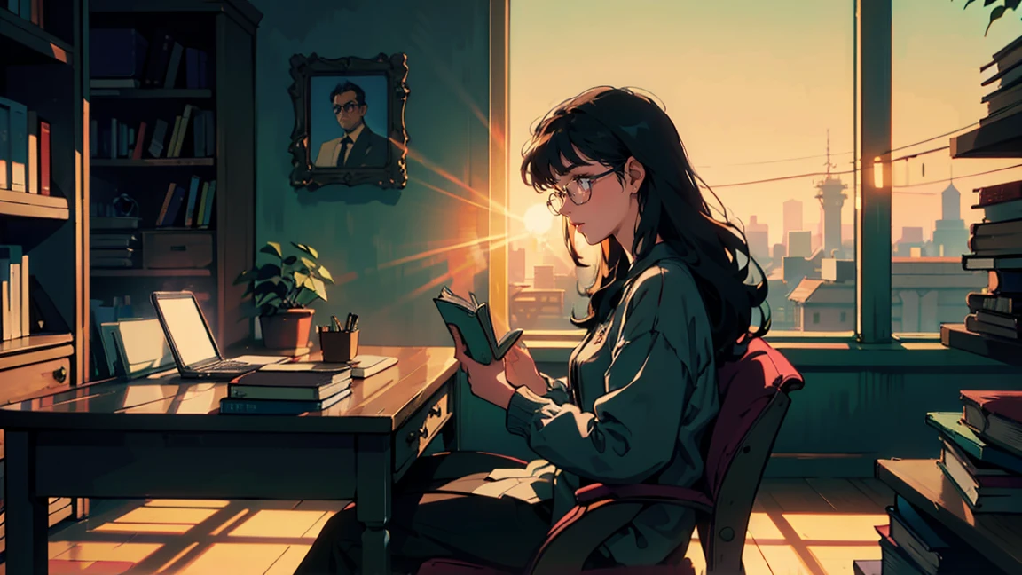 Majestic library, sitting at a desk reading a book, It has a nice atmosphere, One adult woman, Glasses ,Perfect Face, A melancholic look, (Backlight: 1.1), A scene from a movie, Soft Shadows, masterpiece, Highest quality, Complex, Model shooting style, Film Grain, Side Shot