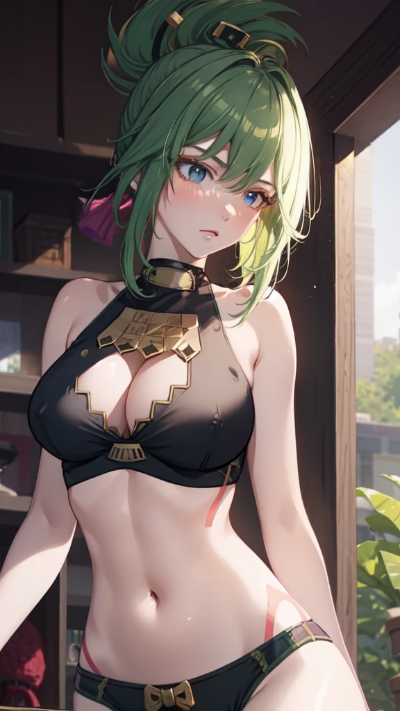 masterpiece, best quality, 1girl, solo, green hair, folded ponytail, green eyes, tao jun, large breasts, room, bra, thong, navel, lingerie