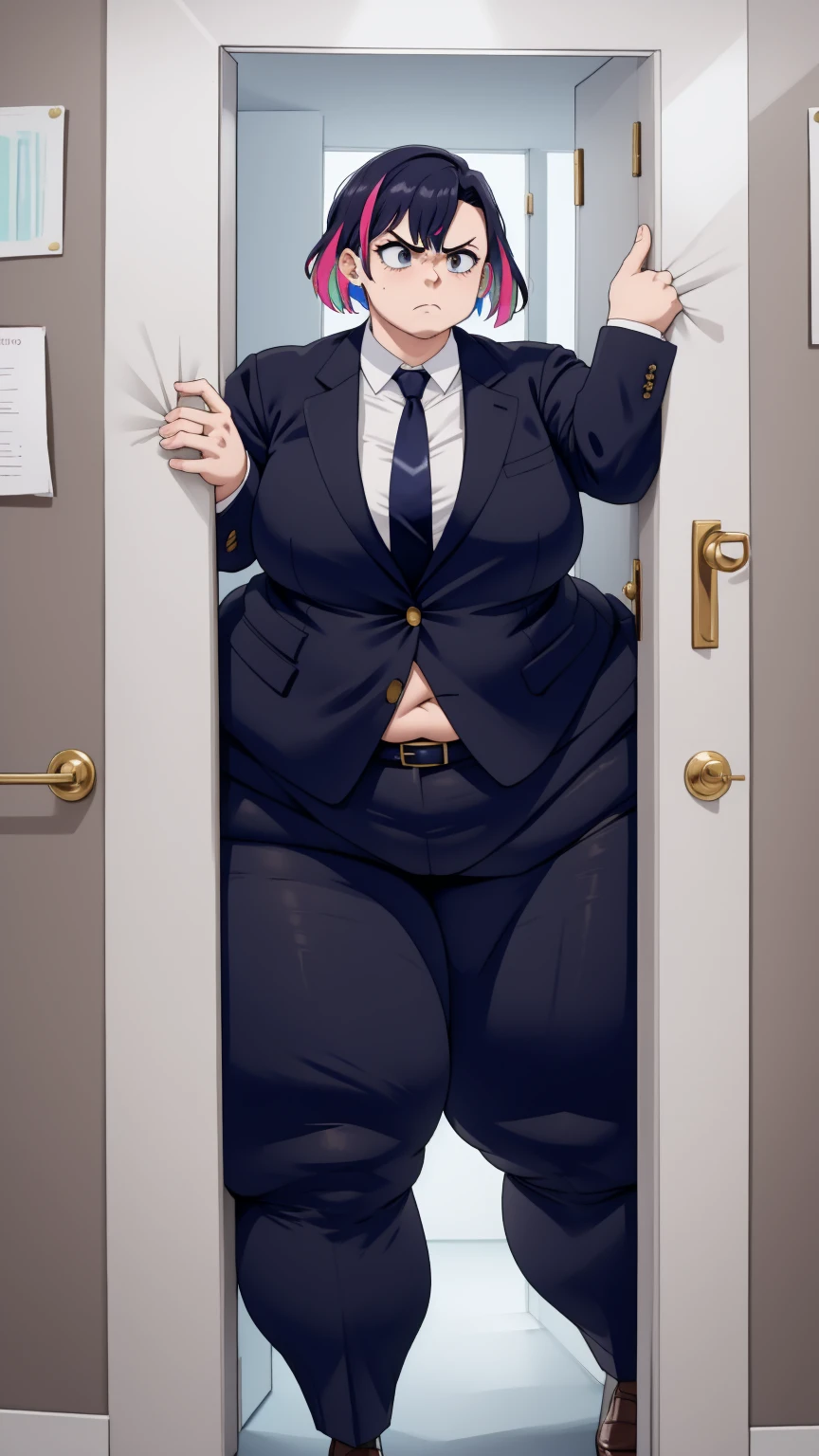 masterpiece, 1girl behind a doorway, from front, doorstuck, wide hips,  thick thighs, colorful clothing, wearing suit and tie and formal pants, upset 