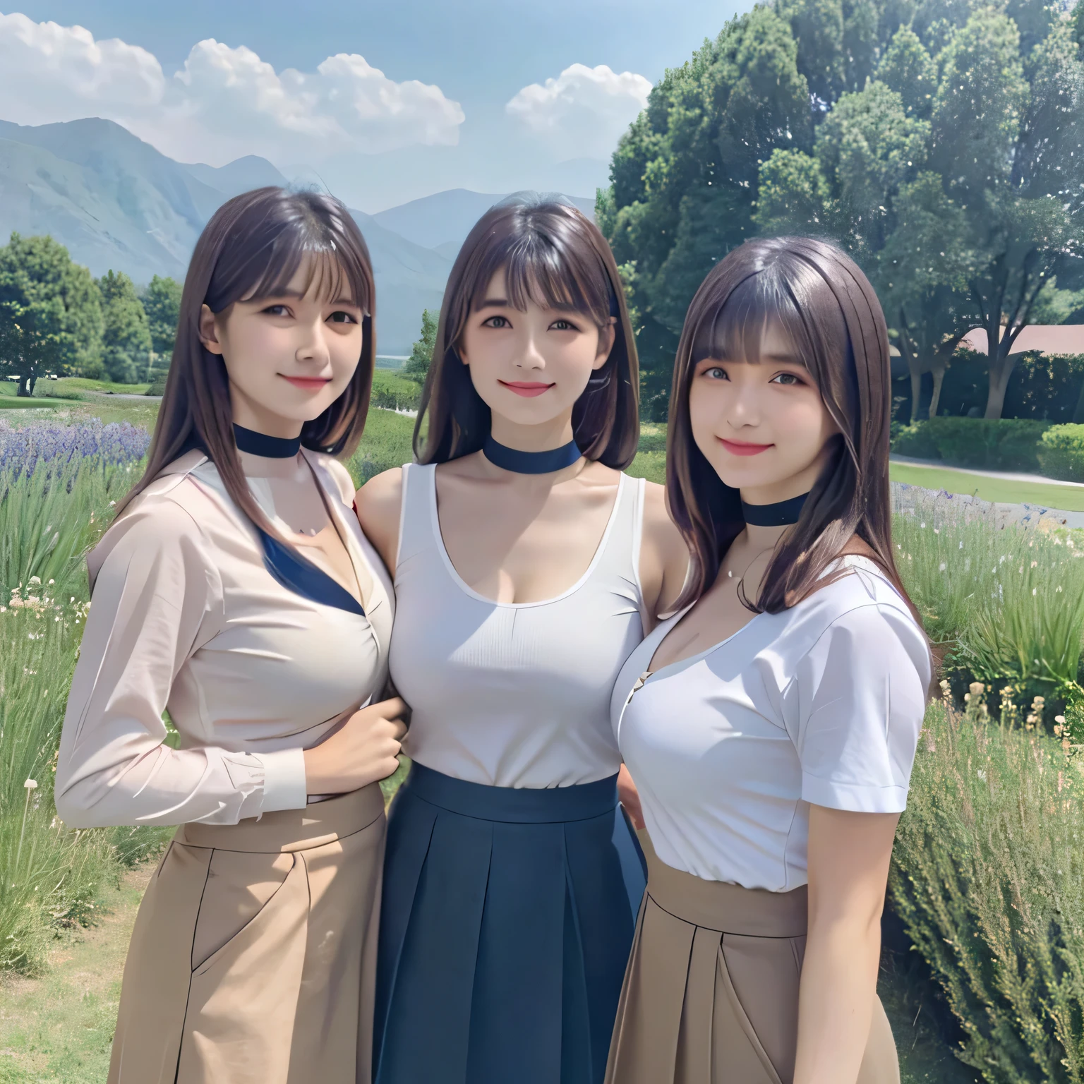 ((Group photo))、Layered Haircut,（8K，Highest quality），Full Body Shot，Shot from medium distances，open-collar shirt、Wear a JK skirt，Full body photo、 Adorable， smile， length, brown hair， 32k, masterpiece， Best image quality，Ultra-high resolution，Perfect hands，Black Choker、blue eyes、bangs、Very numerous and very long eyelashes、 Morning on the Plateau、Summer clothes、((Big Breasts)), Mountain, Mountain道, forest, blue sky、Student population