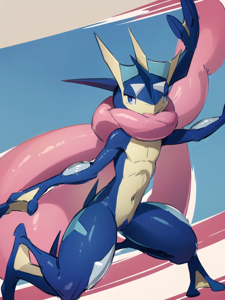 (masterpiece, best quality:1.2),solo,greninja \(pokemon\),pokemon \(creature\),full body,no humans,outstretched arms, long tongue, blue skin,looking at viewer,blue sky