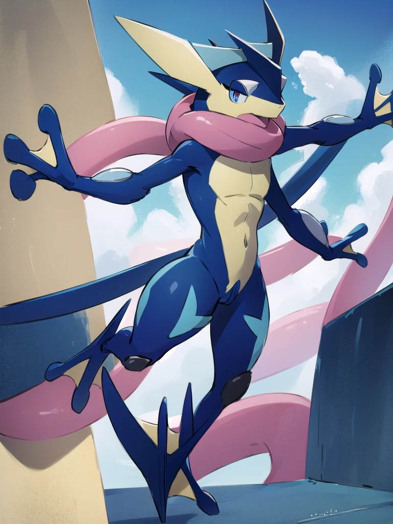 (masterpiece, best quality:1.2),solo,greninja \(pokemon\),pokemon \(creature\),full body,no humans,outstretched arms, long tongue, blue skin,looking at viewer,blue sky