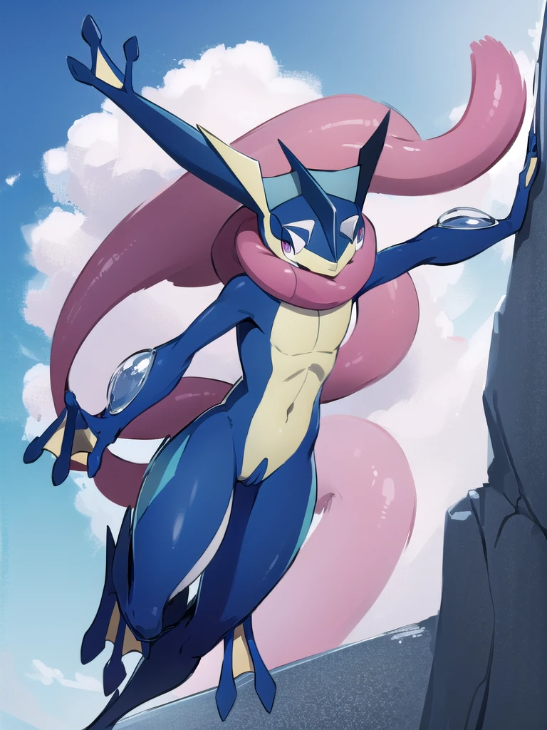 (masterpiece, best quality:1.2),solo,greninja \(pokemon\),pokemon \(creature\),full body,no humans,outstretched arms, long tongue, blue skin,looking at viewer,blue sky