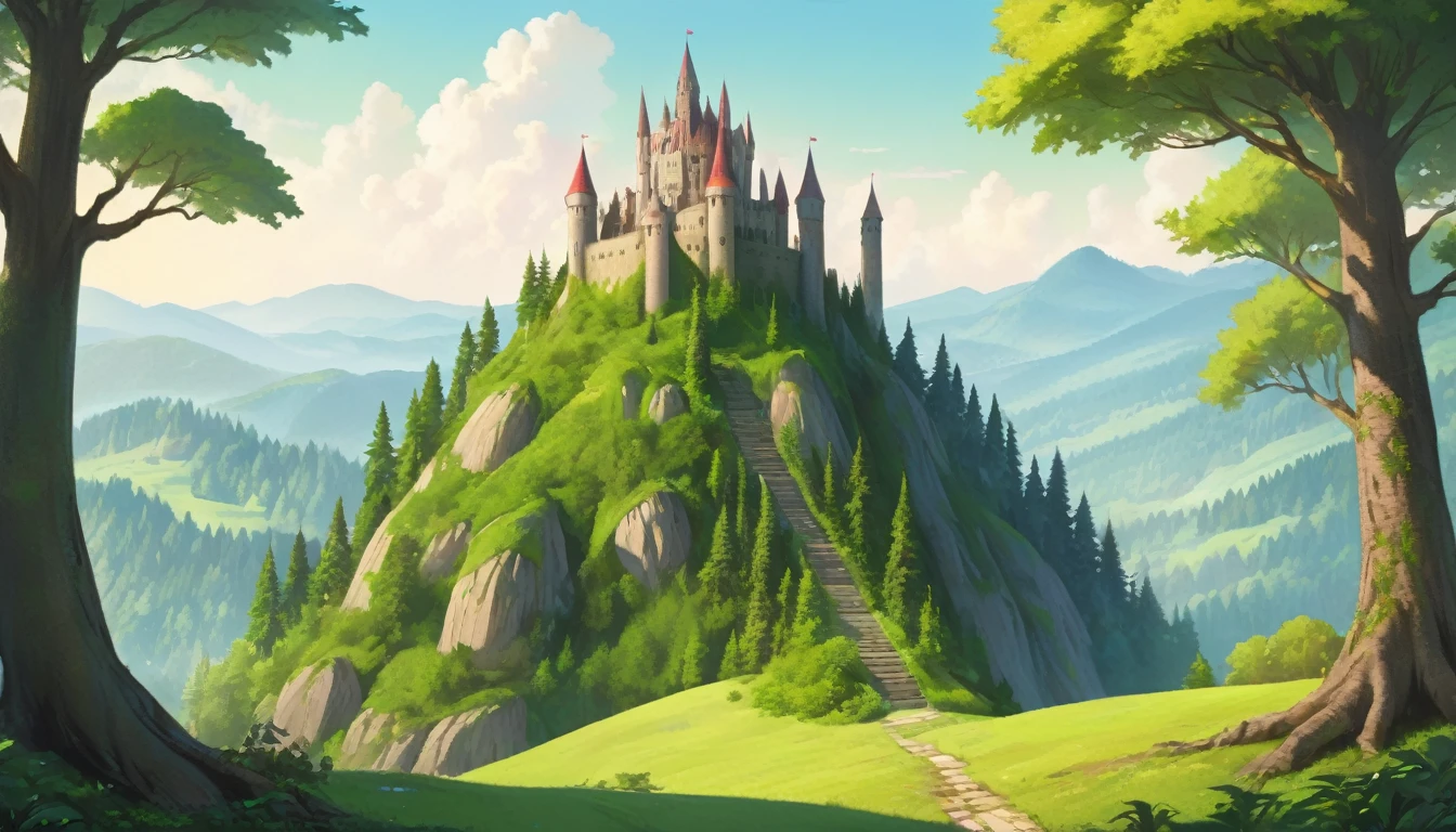 (Alone), A forested hill with an ultra tomb appearance with a castle on top, Masterpiece, The best quality, super detailed, Highly detailed