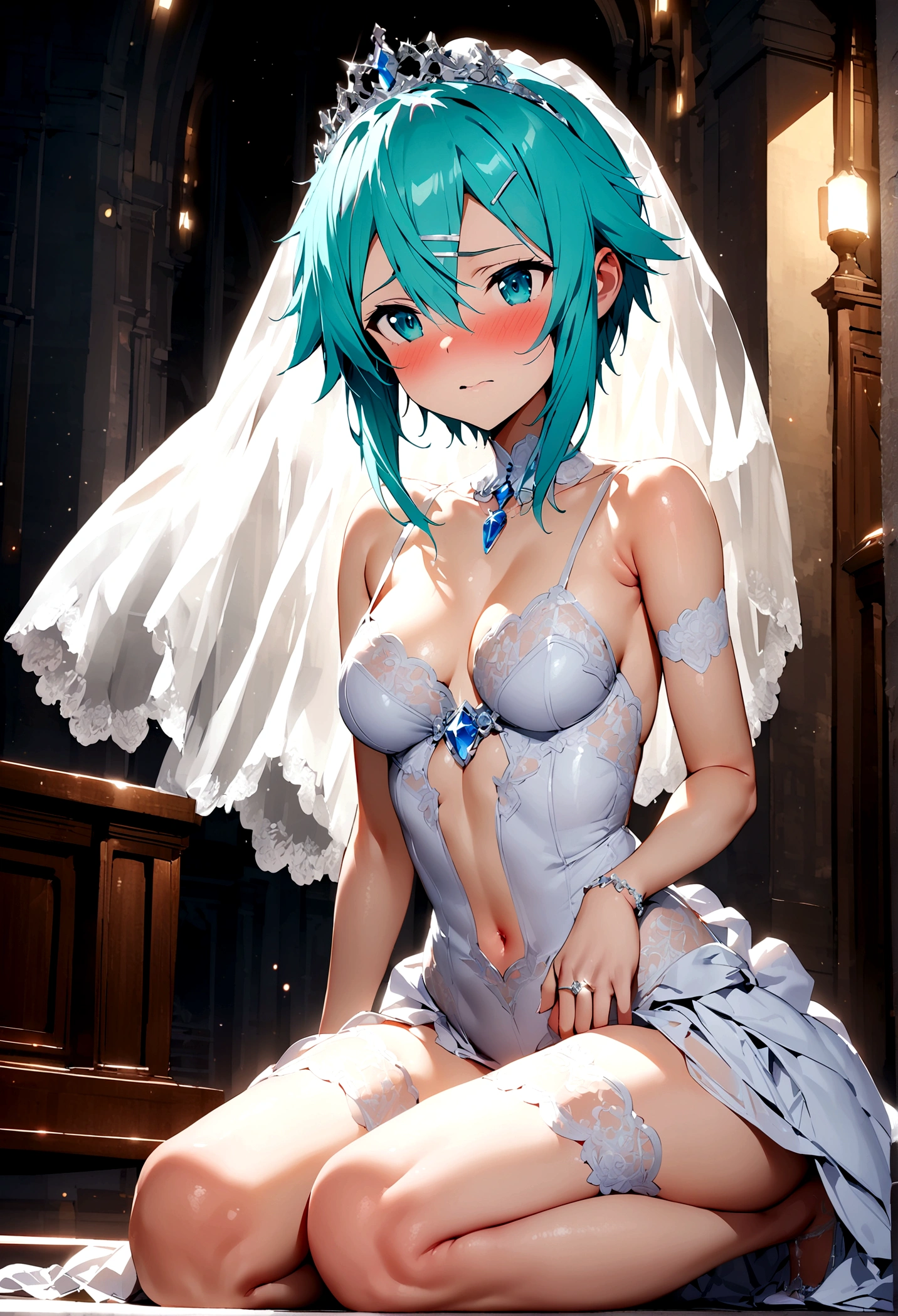 NSFW,masterpiece,Highest quality,High resolution,Super detailed,Sinon\(Sword Art Online\),(High quality sexy wedding dress),High-quality wedding lingerie,Wedding Veil,tiara,gem, hair ornaments, Hair Clip,wedding ring,Embarrassed,expectant face,(sexual excitement),blush,Church at night in the moonlight,Luxurious Room,wedding,Spread your legs,Kneeling