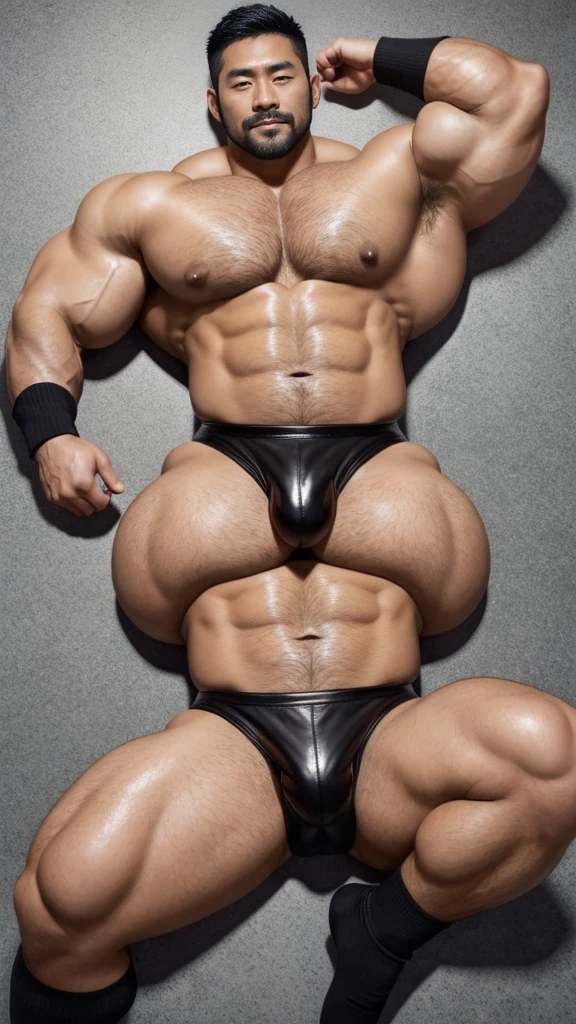 There is only one handsome Asian actor in the photo,35 years old,High target, Fitness,short hair, O-Shaped Beard,Perfect body, Dark skin color,Radiant Skin,Smooth skin,Shiny, shiny skin,Smooth pectoral muscles,No chest hair,No body hair,Muscle bulge, muscular, Very large pectoral muscles,Very sexy abdominal muscles,Very well-developed leg muscles,Huge concave and convex area,Brightens oily skin,Wearing black leather shiny thong,Handsome face, Correct and accurate male body proportions, Wear black socks,Lying on gray background。