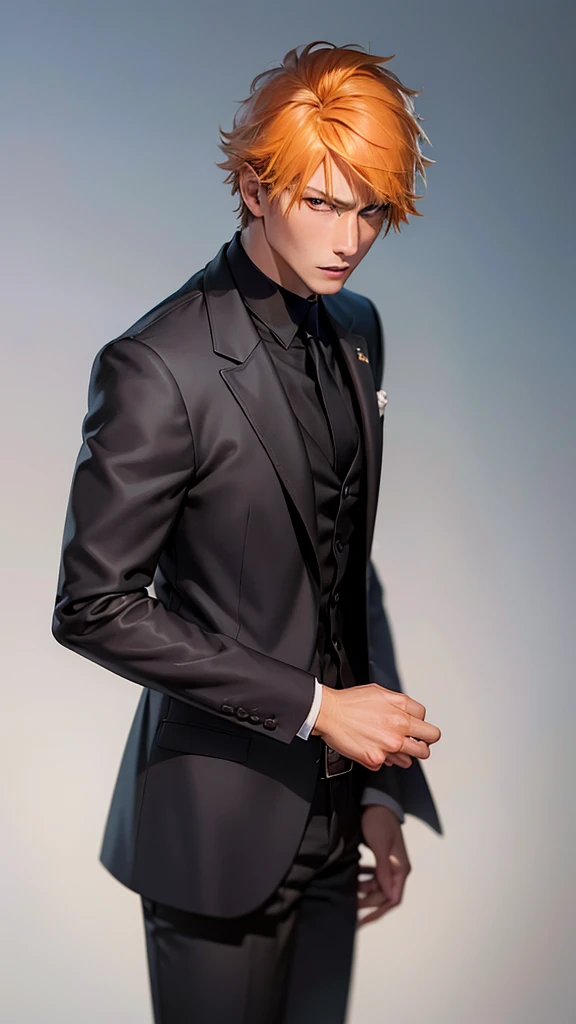 black winter male overcoat black clothing,(masterpiece, best quality:1.2), cowboy shot, solo, male focus, 1boy, kurosaki ichigo, slight smile, looking at viewer, short orange hair, brown eyes,dark formal suit, black formal outfit, black coat, walking straight,(photorealistic:1.4), (masterpiece, sidelighting, finely detailed beautiful eyes: 1.2),black leather gloves, blinfolded,