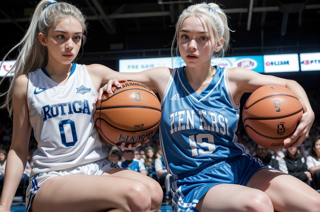 14 year old girl with white hair up, light blue eyes, white skin basketball player smiling hugging teammate full body