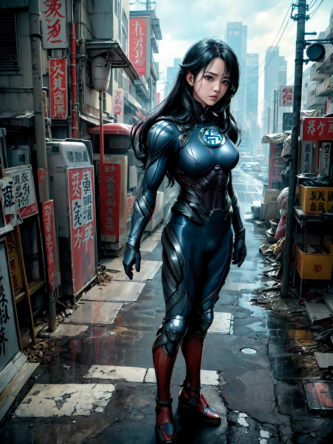 M1lly4c0k2222 ofアクションショット ((邪悪なスーパーマンofスーツ「Man of Steel」of、よりセクシーな黒と銀of露出度of高いバージョンを着ている)), Large Breasts, Toned body, (背景of爆発、Ruined city), Style - BladeRunner2049-8v Complex, High detail, Sharp focus, dramatic, ((Realistic))