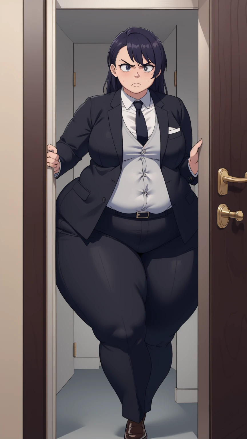 masterpiece, 1girl behind a doorway, from front, doorstuck, wide hips, thick thighs, colorful clothing, wearing suit and tie and formal pants, upset