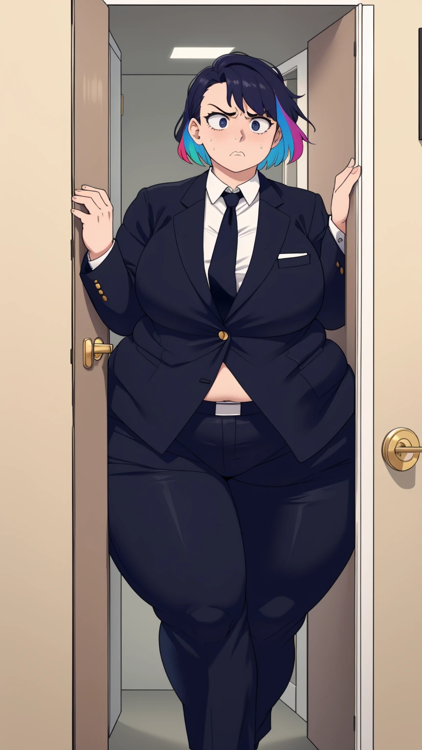 masterpiece, 1girl behind a doorway, from front, doorstuck, wide hips, thick thighs, colorful clothing, wearing suit and tie and formal pants, upset