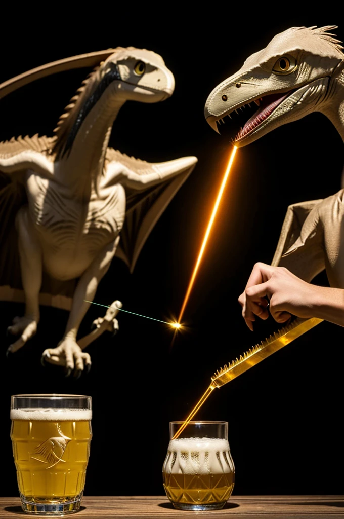 A pterodactyl with a wheatbeer glass in one hand and a joint in the other one. Shooting lasers out of its eyes