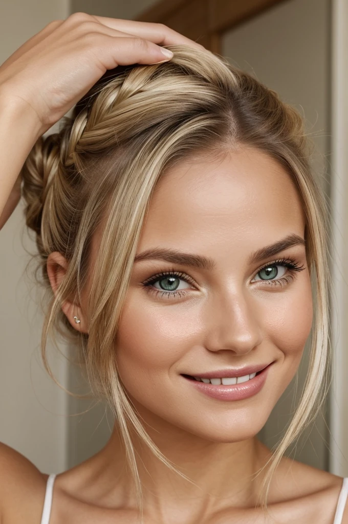     Age and gender: A woman in her mid-20s.
    hair: Dunkelblonde hair, which are tied up in a casual bun. Some strands may fall out loosely, to give the style a relaxed look.
    eyes: Strahlende grüne eyes, who appear lively and friendly.
    Make-up: lightly made up, to emphasize the natural facial features. Maybe some mascara and a touch of lip gloss or lipstick in a natural color.
    expression: Smiling sympathetically, to create a warm and welcoming impression.