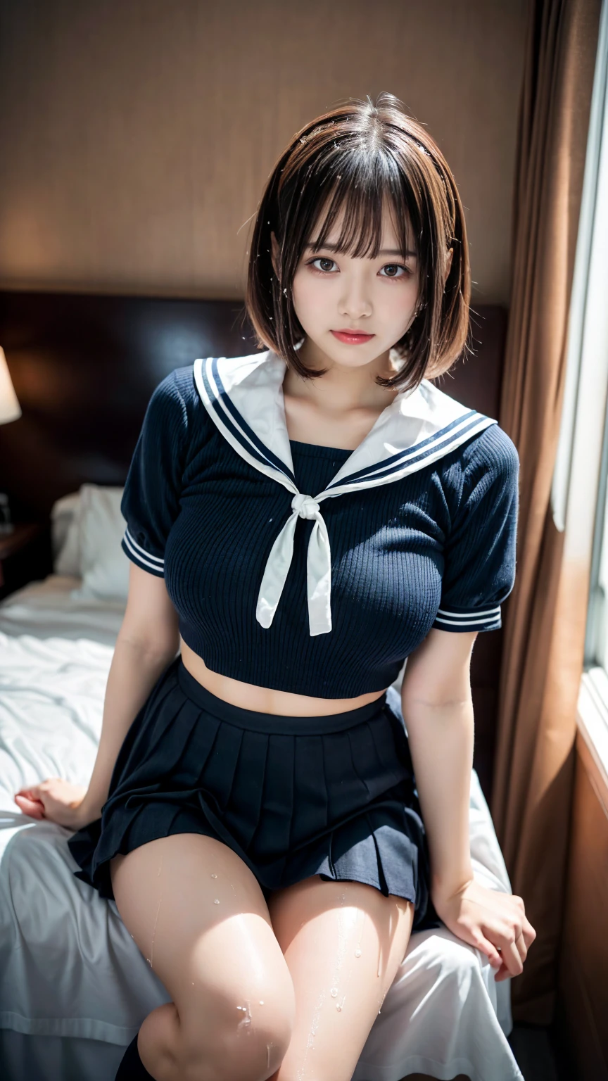 (8K, RAW Photos, Highest quality, masterpiece:1.3), (professional photography, full colors, studio-caliber color grading), (Gravure quality for high-end fashion magazines), sexy pose,(Details High quality, realistic depiction of eyes:1.3), (short bob hair), (Black Sailor Uniform, serafuku, Navy pleated skirt), (nup, see through, wet:1.2), huge breasts, black hair color, Big Natural Color Lip, bold sexy pose, crying a little、Harajuku style、20 year old girl、cute type、lolita、beautiful legs, in the hotel room, full body photo、focus on crotch, hposing Gravure Idol