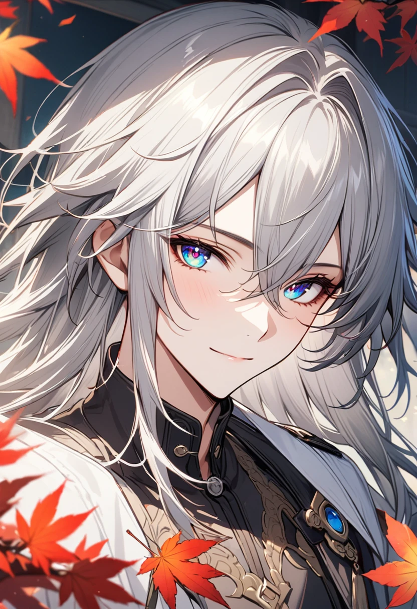 Honkai Star Rail Blade,Miyabi、 Calm, detailed, Beautiful Face, Calm atmosphere, View your viewers, An interesting configuration, whole body, Between Windows, masterpiece, Highest quality, 1 male, Adult, good looking, expensive, finely detailed eyes and detailed face, Gray Hair, extremely detailed CG unity 8k wallpaper, Intricate details, Intricate details, Maple leaves, Maple, Calm, good, kind, Happy, Gray Hair, blue eyes