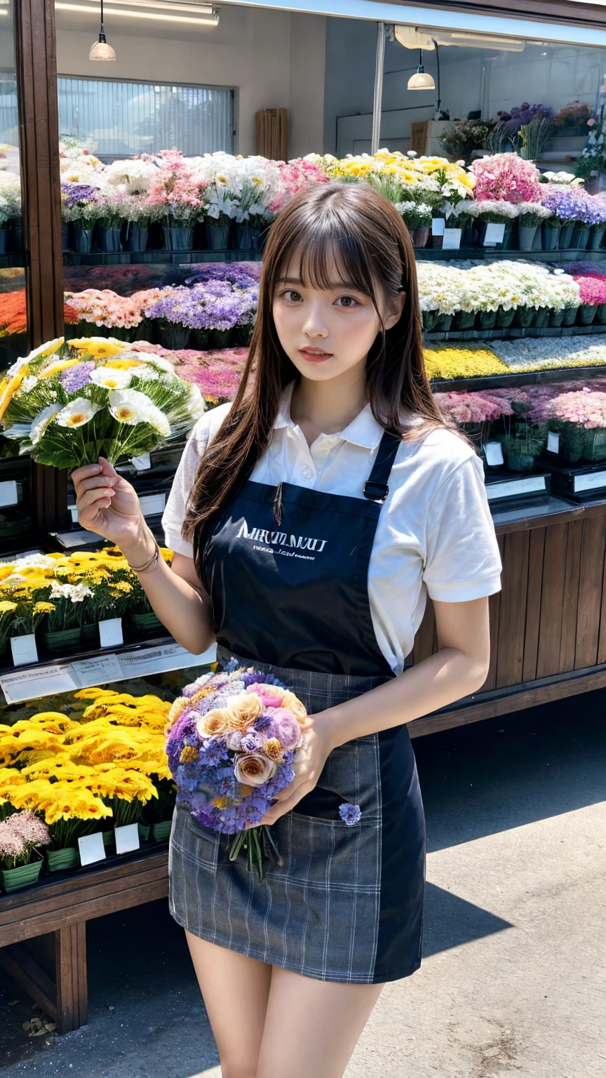 (8K, RAW Photos, Highest quality, masterpiece:1.2), (professional photography, full colors, studio-caliber color grading), (Gravure quality for high-end fashion magazines), close up, BREAK,18 year old girl, (straight hair:1.1), crying a little, Harajuku style, Big Natural Color Lip, (Plumpy body:1.2 (smooth skin:1.1 (huge breasts:1.1  BREAK detailed cloth texture, break, (A tight polo shirt that expresses the roundness and softness of your chest.:1.2 (tight skirt1.1 (black apron:1.2 BREAK (beautiful scenery), ((behind flower shop:1.2)), standing, ((hold a big bouquet:1.2)), (parted lips), 