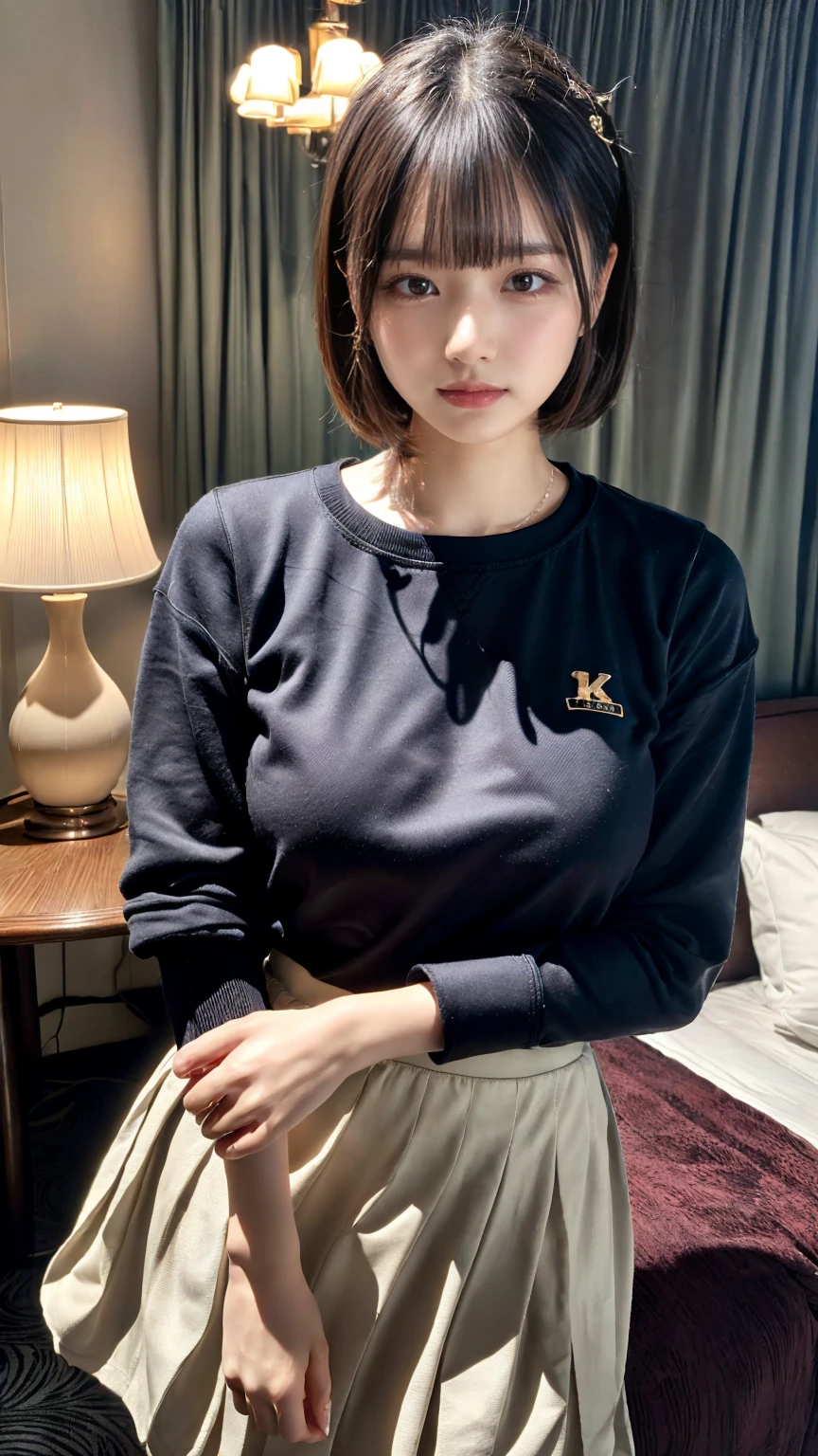 (8K, RAW Photos, Highest quality, masterpiece:1.3), (professional photography, full colors, studio-caliber color grading), (Gravure quality for high-end fashion magazines), close up, BREAK, 20 year old girl,(short bob hair:1.1), crying a little, Harajuku style, Big Natural Color Lip, (Plumpy body:1.2 (smooth skin:1.1 (huge breasts:1 (expresses the roundness and softness of the chest area..1.1 (Emphasize body line:1.1 BREAK (Highly detailed and elegant applique cotton jersey sweatshirt made of cotton jersey。, Pleated skirt, Features a relaxed and relaxed silhouette. BREAK (hotel room:1)