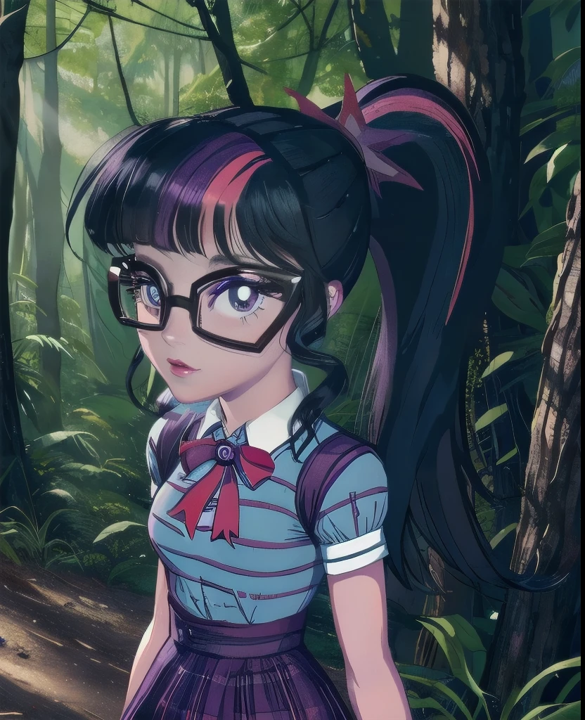 1girl, MLPTWILIGHT,PONYTAIL,GLASSES,STRIPED SHIRT,SKIRT, purple eyes, forest, small breasts, worried, ((Majestic background 1.5))
