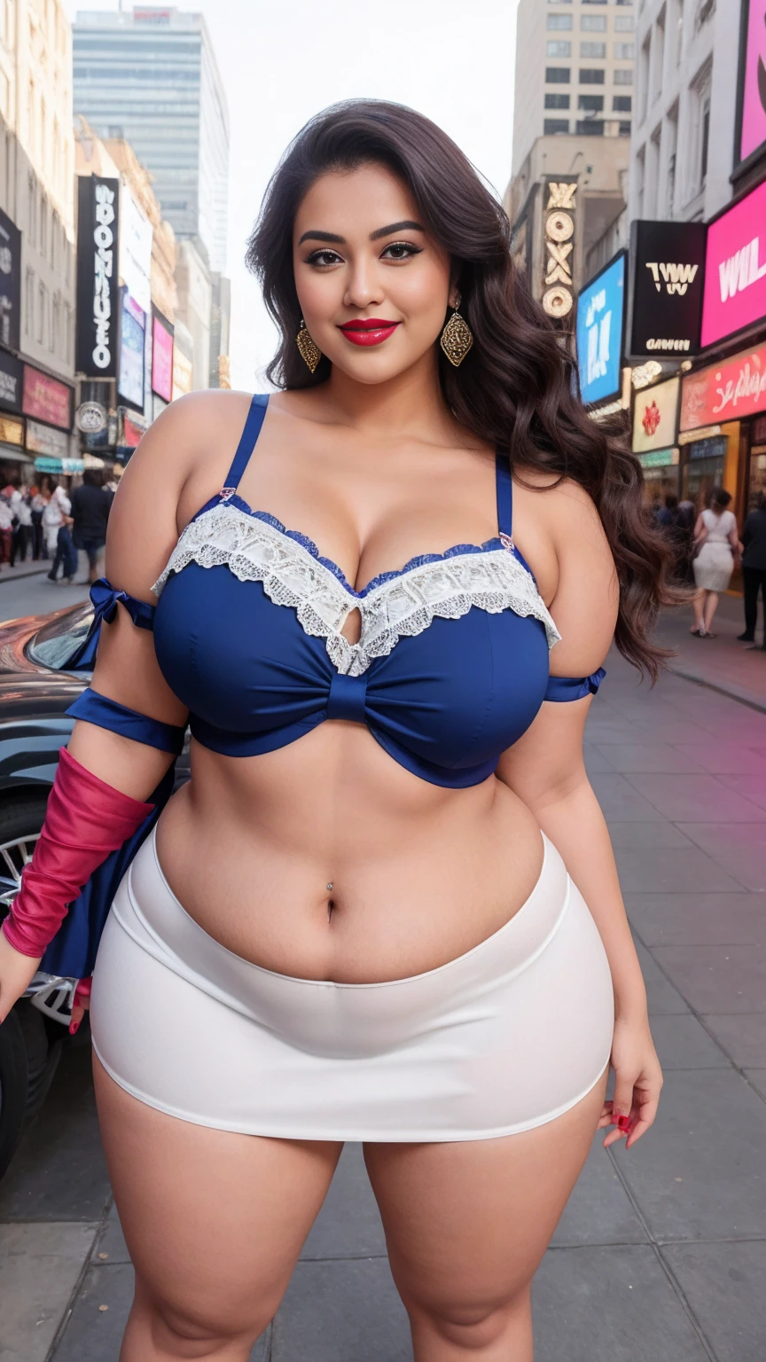 Gia manek beautiful Indian actress curvy plus size big huge figure, bigger hour glass hips, up to down 45 degree angle full body shot, wearing Royal blue printed color, SHEIN BAE Women's Bow Decorated Shoulder Strap Sweetheart Camisole Lace Patchwork Fluffy Mini Dress, white fair skin, blessing chicks, The West End Theatre District outdoor background, smile face, big butt, busty, Indian young cute face, big flashy thick thighs, fit belly, deep red lipstick, full body modelling pose,