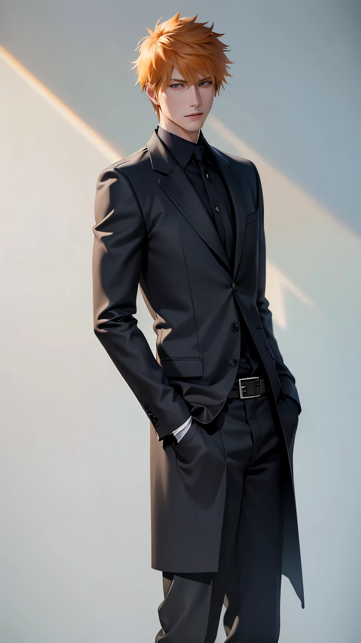 black winter male overcoat black clothing,(masterpiece, best quality:1.2), cowboy shot, solo, male focus, 1boy, kurosaki ichigo, slight smile, looking at viewer, short orange hair, brown eyes,dark formal suit, black formal outfit, black coat, walking straight,(photorealistic:1.4), (masterpiece, sidelighting, finely detailed beautiful eyes: 1.2),black leather gloves, blinfolded,