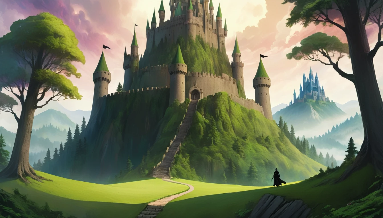 (Alone), A huge forested hill with an ominous ultra-tomb appearance surrounded by aura of death with a castle on top, Masterpiece, The best quality, super detailed, Highly detailed
