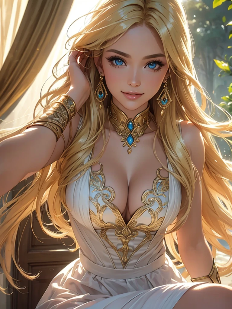 (Best quality,ultra detailed,Photorealistic:1.37),bright and rich colors,studio lighting,playful facial expression,stylish makeup,Long blonde hair fluttering in the wind,inviting eyes,glossy lips,sexy pose, Amazons, Themyscira, I smile confidently and seductively,posing for a professional photo shoot,shallow depth of field,highlighting the main subject,soft natural light,Creating a dreamy and magical atmosphere.
