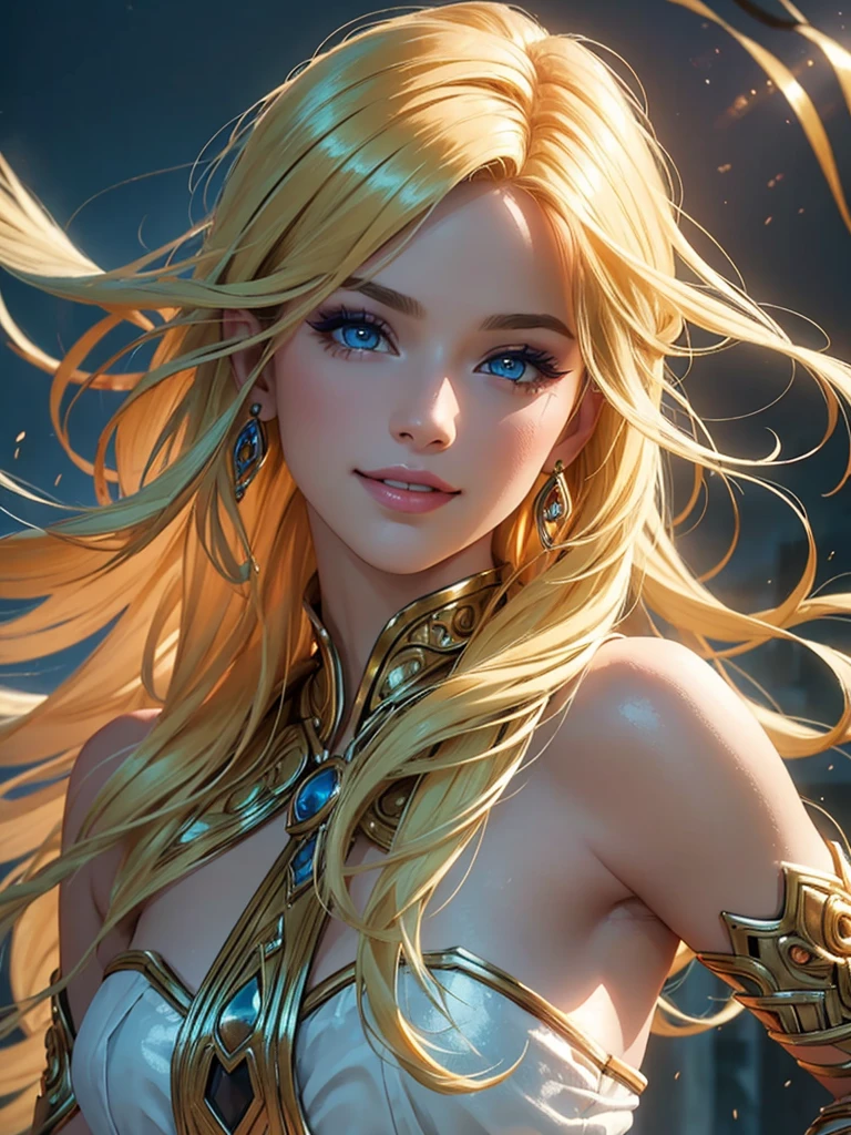 (Best quality,ultra detailed,Photorealistic:1.37),bright and rich colors,studio lighting,playful facial expression,stylish makeup,Long blonde hair fluttering in the wind,inviting eyes,glossy lips,sexy pose, Amazons, Themyscira, I smile confidently and seductively,posing for a professional photo shoot,shallow depth of field,highlighting the main subject,soft natural light,Creating a dreamy and magical atmosphere.