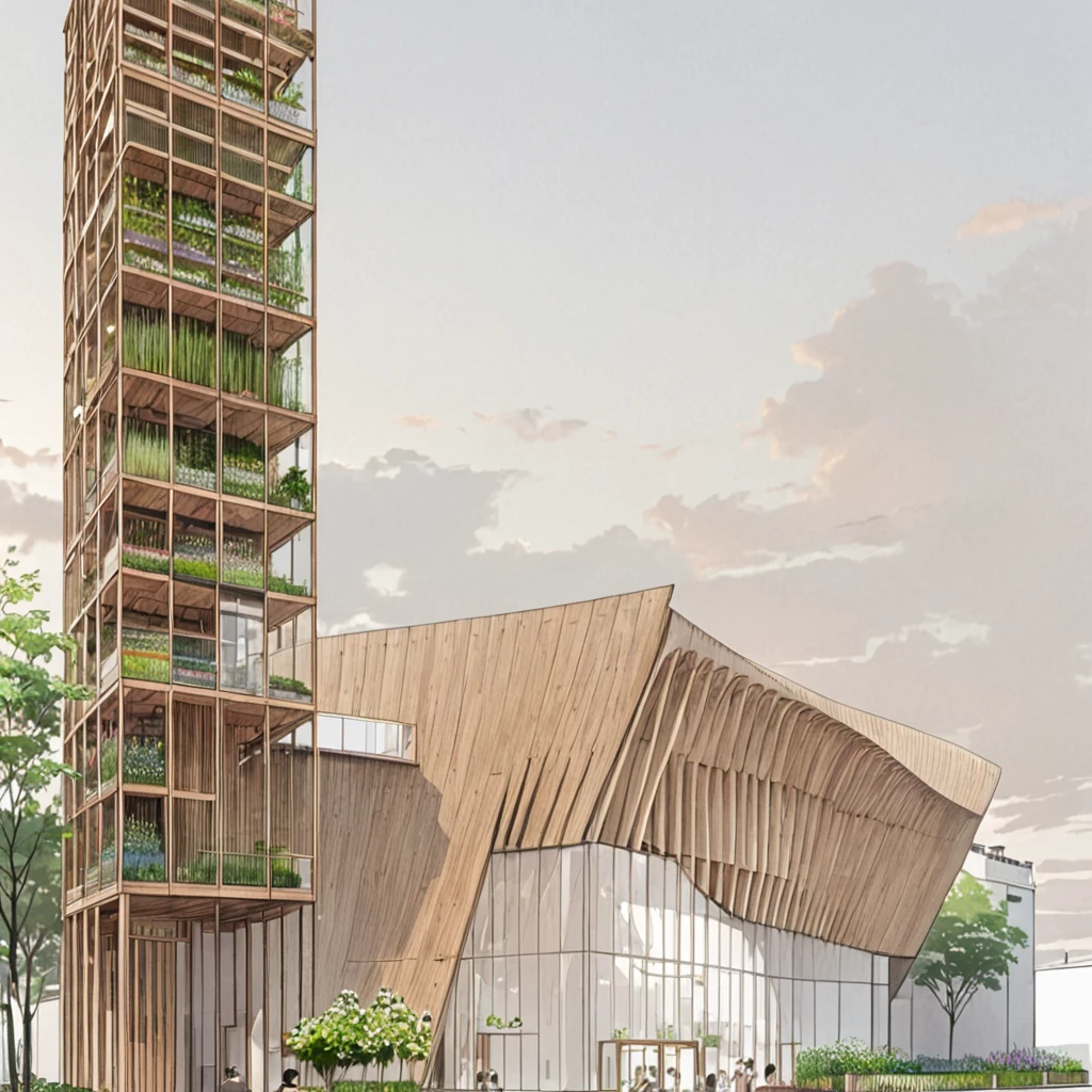 ew of a building and a tower, building is a flower market with wooden roof, roof is parametric and curved, tower is for urban agriculture and has visible steucture with plants crawing on it, lush vegetation, at sundown, anime sketch, pencil sketch, architecture drawing