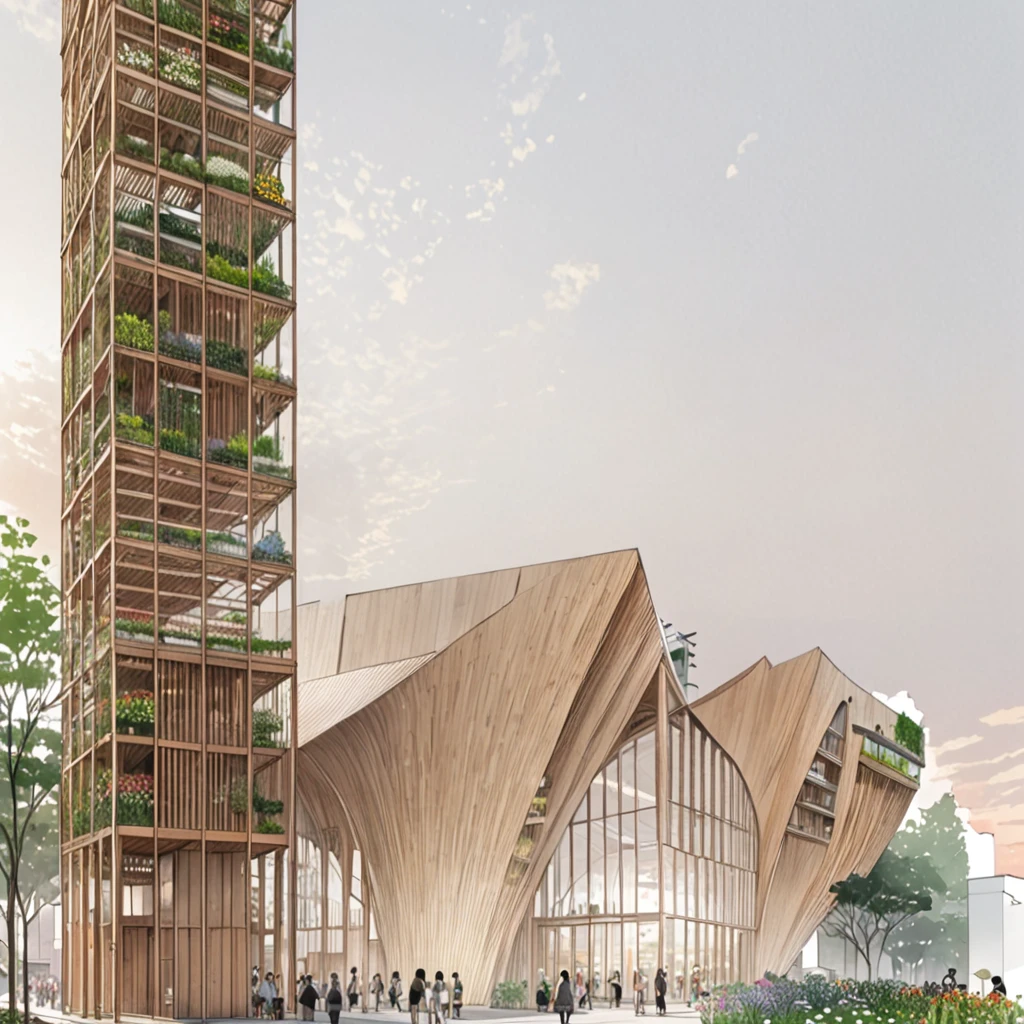 ew of a building and a tower, building is a flower market with wooden roof, roof is parametric and curved, tower is for urban agriculture and has visible steucture with plants crawing on it, lush vegetation, at sundown, anime sketch, pencil sketch, architecture drawing