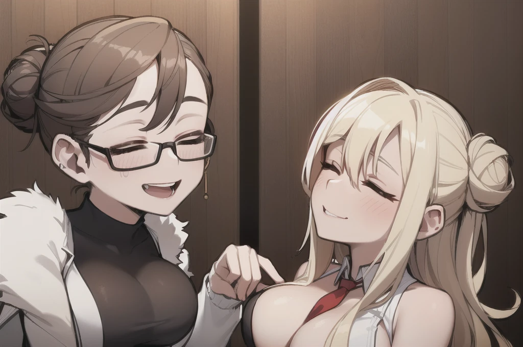 two sexy women who are wives of boy, looking at camera, seductive smiles, portrait, black single bun tied hair, closed eyes, opened mouths moaning, glasses