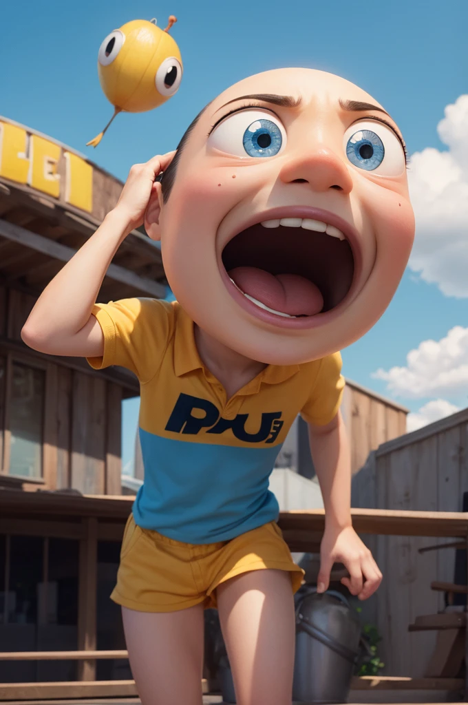 I want a photo of an emotion from the pixar movie. It's one with pink hair, yellow skin and is holding books. She is happy