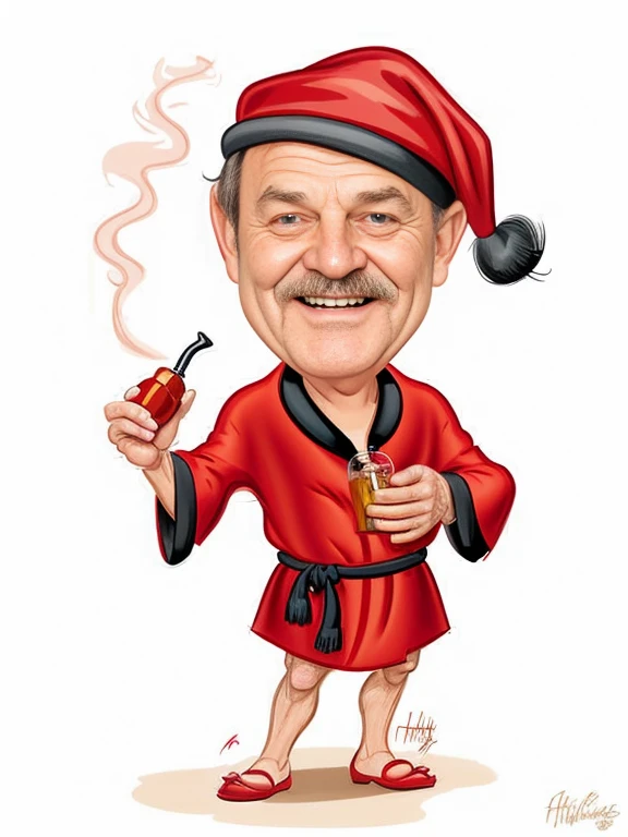 a drawing of a man in a red robe holding a pipe, caricature style, caricature illustration, caricature, caricaturist, by senior artist, fully dressed in red robes, in cartoon style, caricature!!!, by Hugh Hughes, Bill Murray, Dress !!!! lie!!!!, caricature, Jack Nicholson is the bottle, Harry Volk clipart style, 8k
