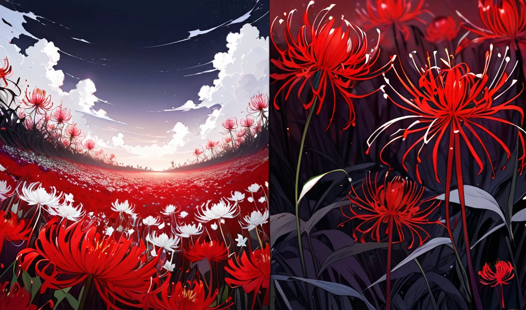 Purple and white flower field on the right,On the left is a red spider lily field.,Asymmetrical impression,The right side is bright heaven,On the left is a dark hell,Very delicate and beautiful,Hand-drawn illustrations