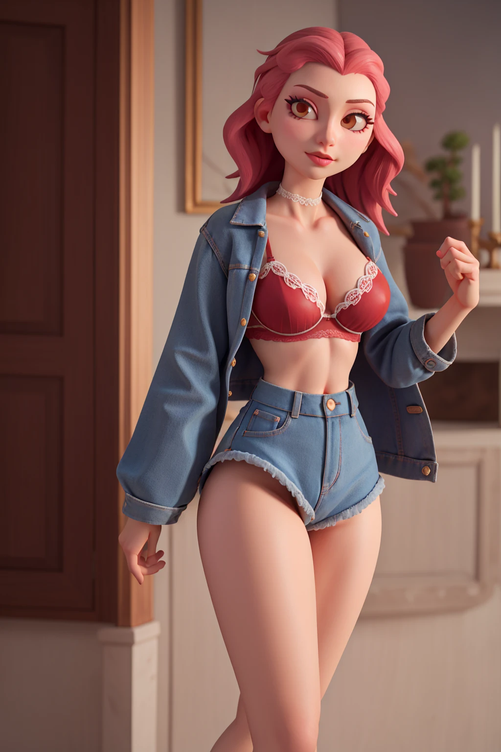 (high-quality detailed textures:1.2),stella from helluva boss, red lingerie, crop top,big breasts,deep neckline,peach-colored clothing,ultra-detailed,realistic,portrait,fantasy,soft lighting,vibrant colors, white thong