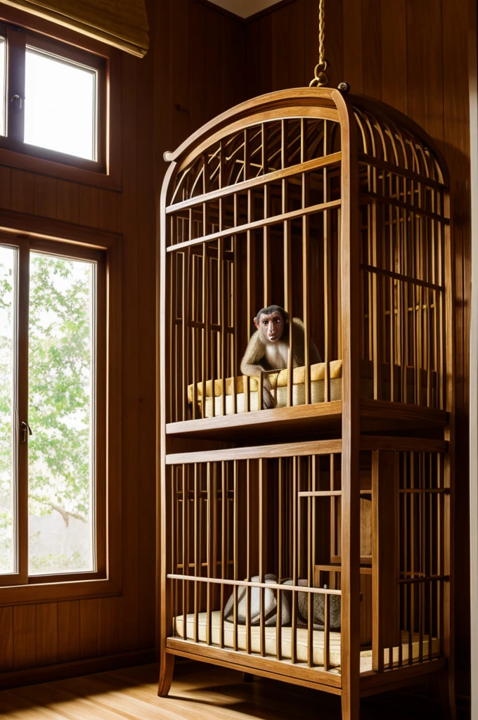 A room in a house has a cage with a monkey